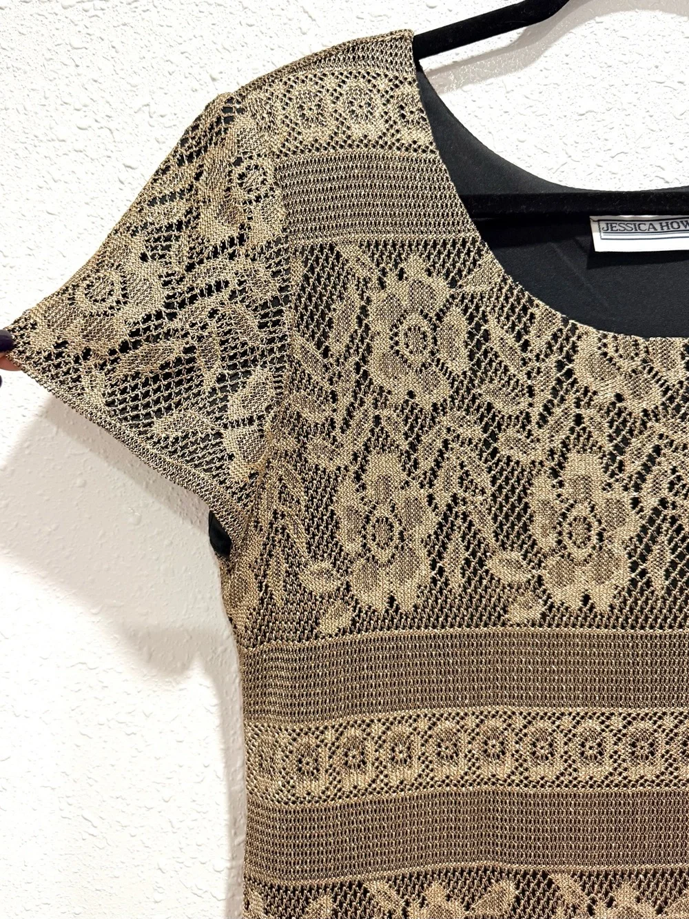 Jessica‎ Howard gold metallic Crochet Lace Short-Sleeve Midi Dress 8